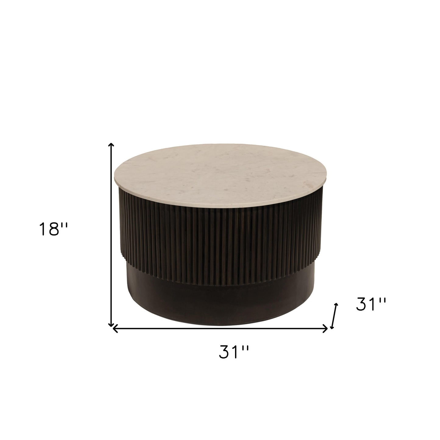 31" White And Dark Brown Genuine Marble And Solid Wood Round Drum Coffee Table-7