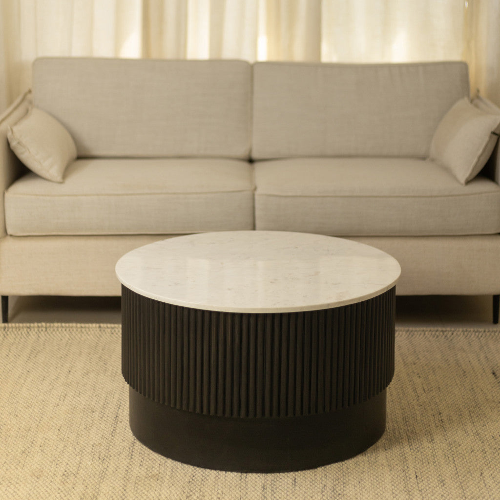 31" White And Dark Brown Genuine Marble And Solid Wood Round Drum Coffee Table-5
