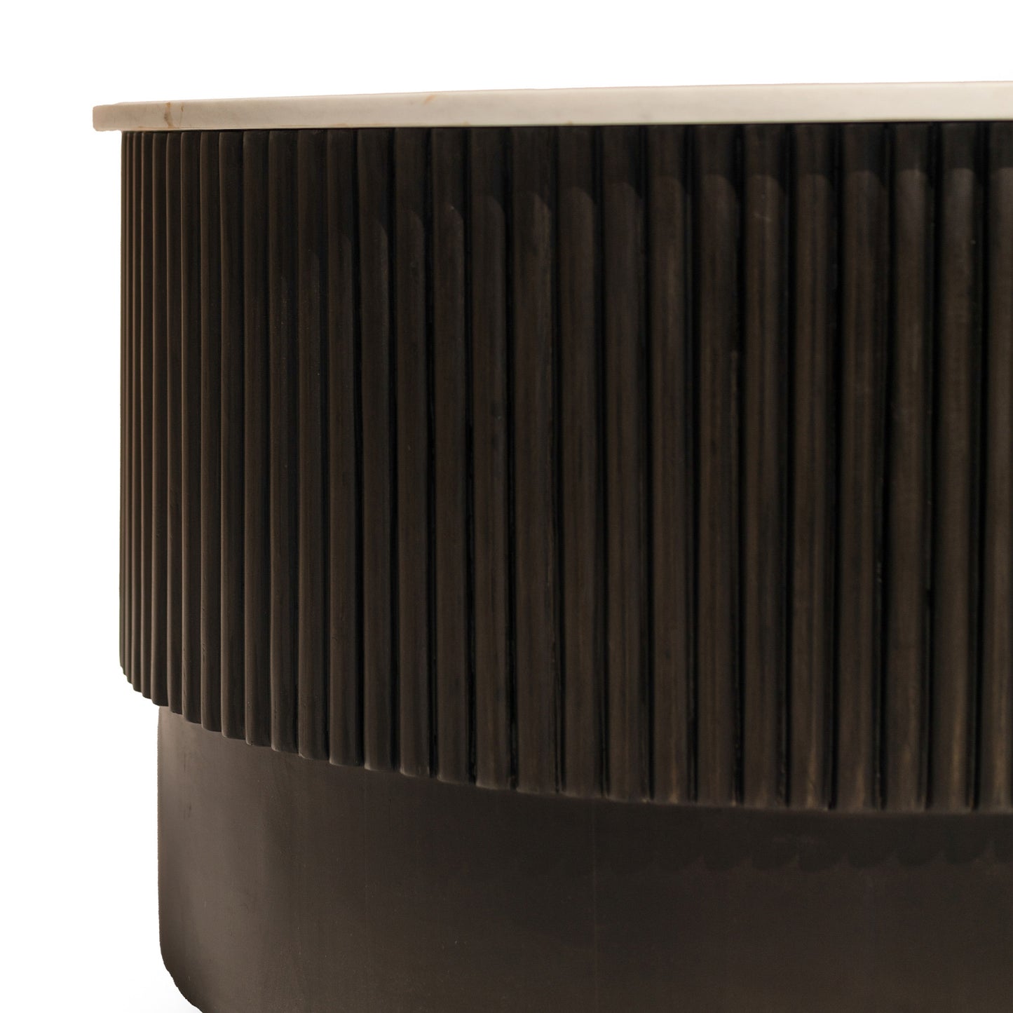 31" White And Dark Brown Genuine Marble And Solid Wood Round Drum Coffee Table-2