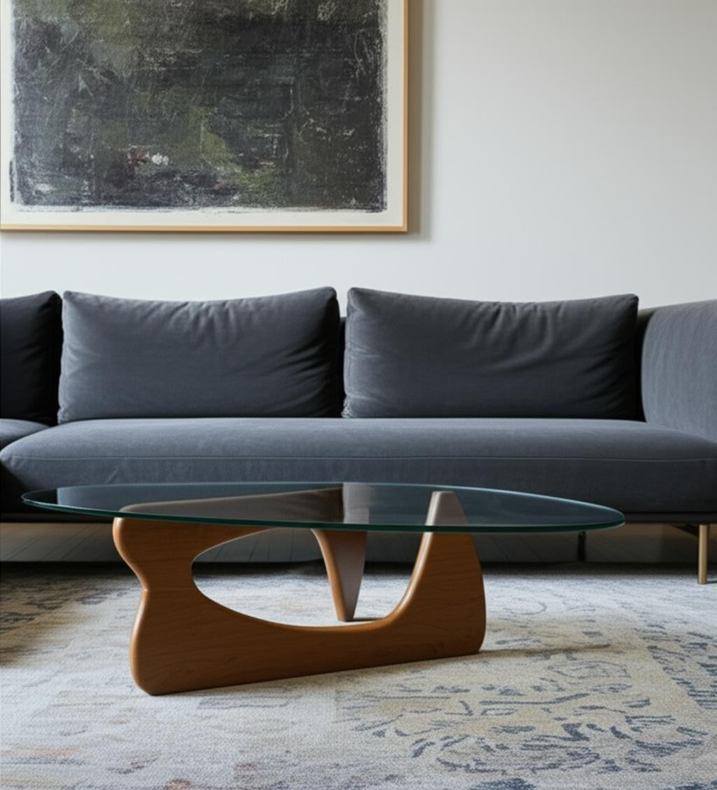 54" Clear and Brown Glass and Wood Triangle Abstract Coffee Table-1