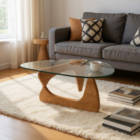 54" Clear and Brown Glass and Wood Triangle Abstract Coffee Table-0