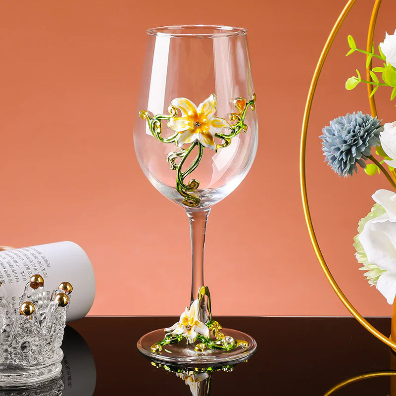 Calice da vino in cristallo smaltato floreale vinta