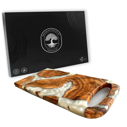 Handmade Olive Wood Small Cutting Board Resin Mini Charcuterie Boards with Handle White Epoxy Resin Small Wood Cutting Board for Kitchen Decorative Cutting Board for Housewarming Gifts (White)