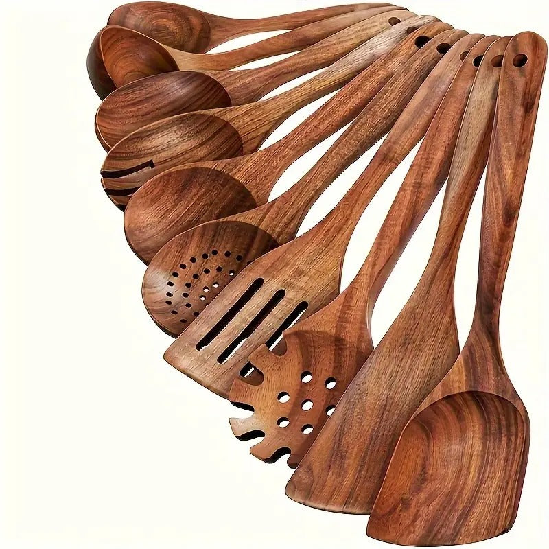 Teak Wood Cookware Set 10 Pcs Durable Kitchen Camping Essentials-0