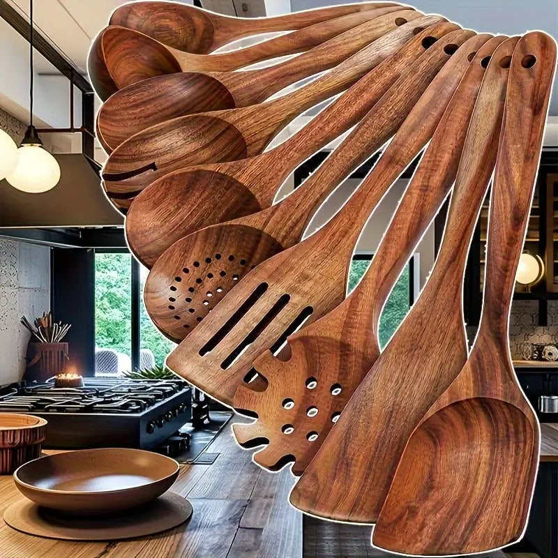 Teak Wood Cookware Set 10 Pcs Durable Kitchen Camping Essentials-4